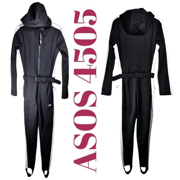 NWT ASOS 4505 MEN’S BLACK SKI SUIT BELTED HOOD WHITE RACING STRIPE MONOCHROME, S - Picture 4 of 16
